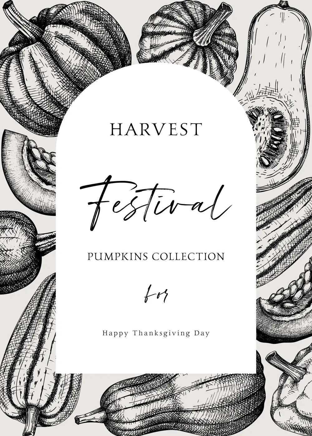Pumpkins greeting card arc design. Thanksgiving background in sketched style. Autumn food vintage drawings. Vector vegetables, butternut squash, marrow, pumpkin sketches. Fall harvest invitation. Illustration